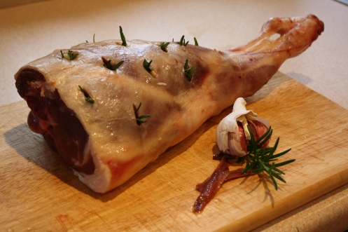 Jeweled leg with Garlic, Rosemary and Anchovies (ingredients shown...)